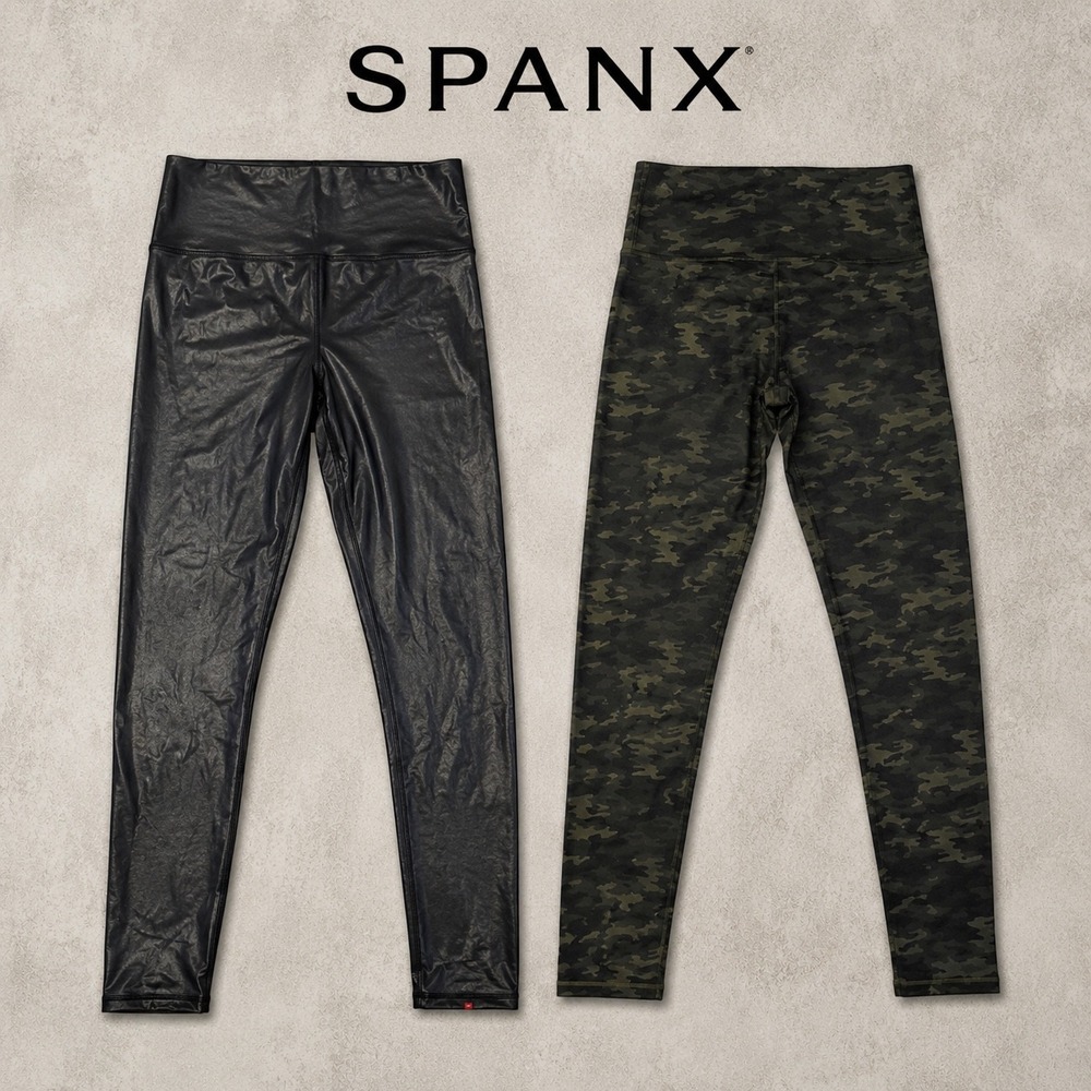 Spanx Leggings Bundle Faux Leather Black Large & Camo Seamless Medium Womens